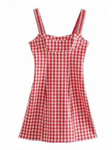 SHEIN New Style Plaid Sweet Cinched Waist Sleeveless Spaghetti Strap Dress For Women - Red - View 4