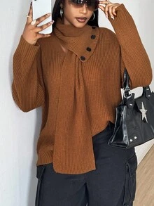 Maweii 大码女式纯色优雅毛领针织套头衫 - 駝色 - 查看 4