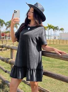 Comfortcana 大码女式夏季圆领短袖荷叶边下摆休闲连衣裙 - 黑色 - 查看 5