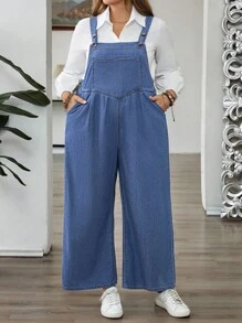 SHEIN CURVE+ 大码女式褶皱阔腿宽松休闲牛仔连体裤 - 藍色 - 查看 5