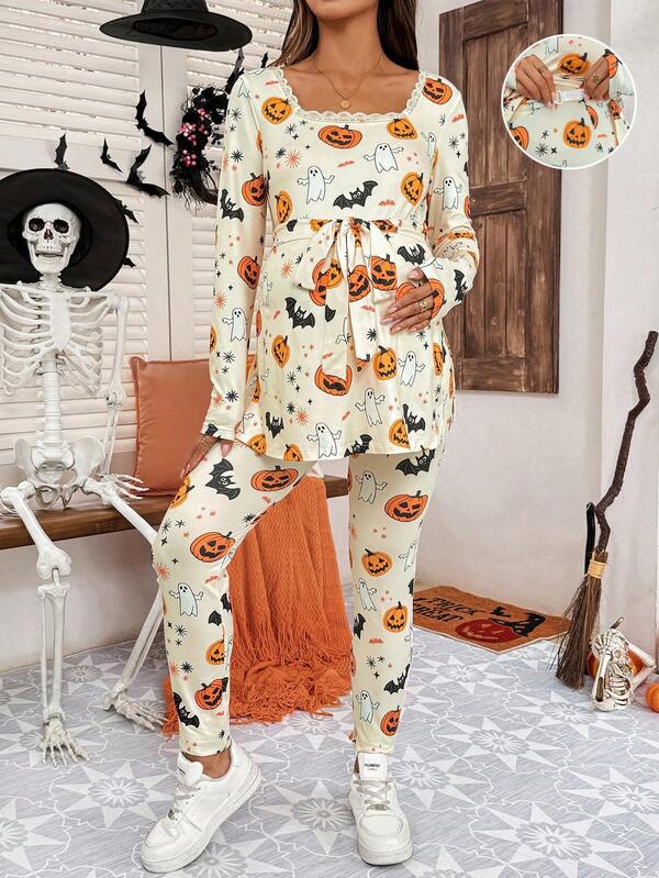 SHEIN Conjunto de 2 piezas de ropa de maternidad para Halloween con estampado gráfico, top de manga larga y pantalones, ropa de otoño para maternidad, pijama de Halloween para mujeres, conjunto de 2 piezas cómodo de maternidad con murciélagos, calabazas y esqueletos