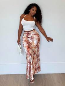 Alexandranx Women Elegant Versatile A-Line Midi Skirt With Dot Print Maxi Satin Women Outfit, Women S Clothes - Coffee Brown - View 5