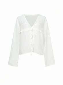 DAZY Blusa Feminina de Verão com Babados, Renda e Recortes, de Manga Longa - Bege - Visão 7