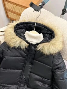 SHEIN Abrigo acolchado con capucha y puños elásticos para niñas, con cuello de piel, adecuado para vacaciones, salidas y vuelta al colegio