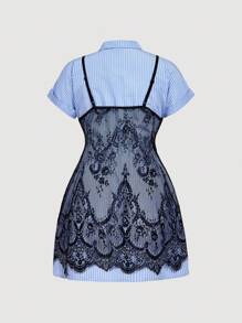 SHEIN MOD 2 件套加大码蓝白条纹衬衫和蕾丝吊带裙，温布尔登风格，温布尔登服装 - 彩色 - 查看 9