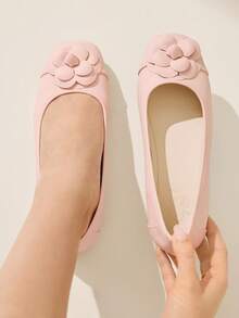 CUCCOO CHICEST Women's Floral Embellished Square Toe Ballet Flats, Elegant Sweet Commuting Romantic Comfortable Classic Light Pink Faux Leather Slip-On Shoes For Afternoon Tea, Date, Party, Office, School, Vacation, Versatile - Baby Pink - View 2