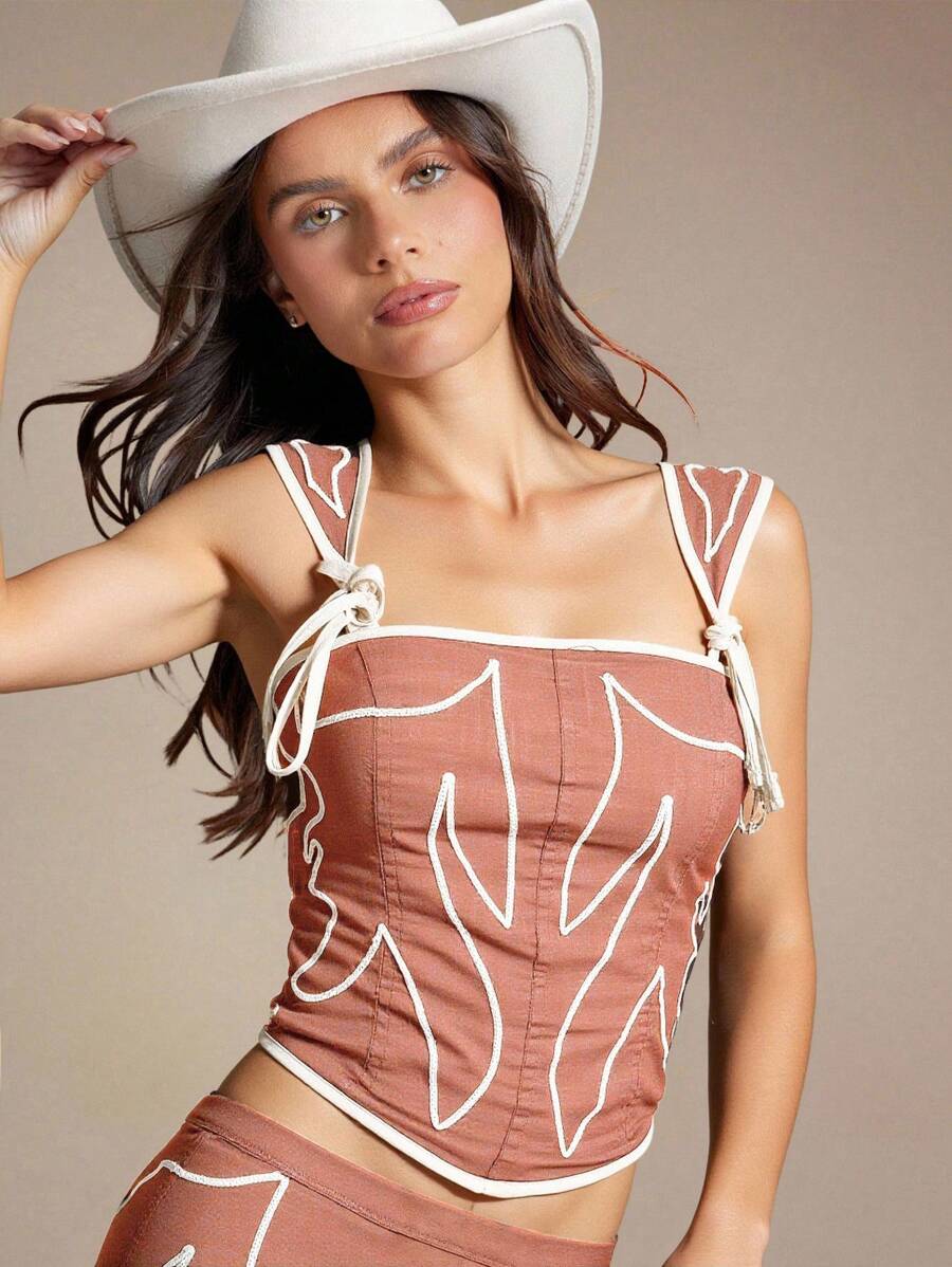 WESTFADE 纳什维尔牛仔女郎西部刺绣方领可爱蝴蝶结肩带褶饰后背修身短款夏季牛仔竞技背心 - 粉色 - 查看 1