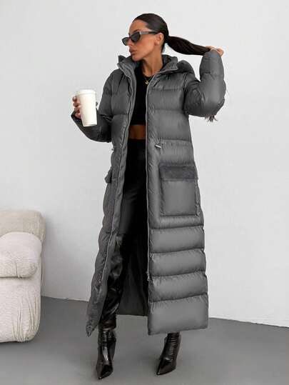 EURMUSE Women's Long Sleeve Zipper Collar Faux Fur Hooded Casual Long Winter Jacket