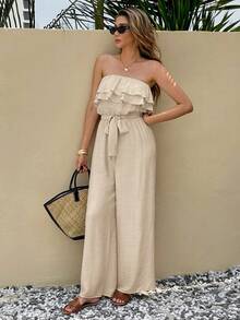 SHEIN Frenchy 女士度假休闲纯色荷叶边抹胸连体裤 - 杏色 - 查看 7