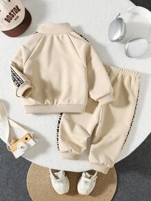 2pcs Baby Boy/Girl Casual Sports Outfit, Loose Fit Letter Graphic Print Decor Zip-Up Jacket And Pants Set, Suitable For Outings, School, Daily Gatherings, Autumn/Winter Back To School Outfits, Fleece Thickened Fall - Multicolor - View 2