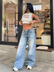 EURMUSE 100%Cotton WOMEN SOLID COLOR WIDE LEG LOW WAIST JEANS - Medium Wash - View 4