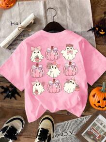 SHEIN Girls' Halloween Ghost Pumpkin Shirt Pink And White,Summer,Cute,City Break Oversized Tween Girl Creative Grid Bow Graphic Print Short Sleeve T-Shirt - Pink - View 4