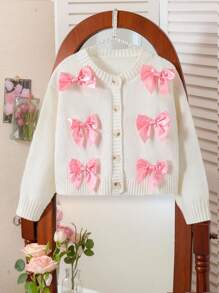 SHEIN Young Girl Fashionable Bow Knit Cardigan , Long Sleeve Open Front Cardigan With Bows Winter Fall - White - View 9