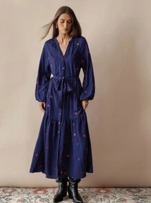 Florisole 女式秋季花卉刺绣装饰纽扣休闲连衣裙，秋季服装 - 藍色 - 查看 8