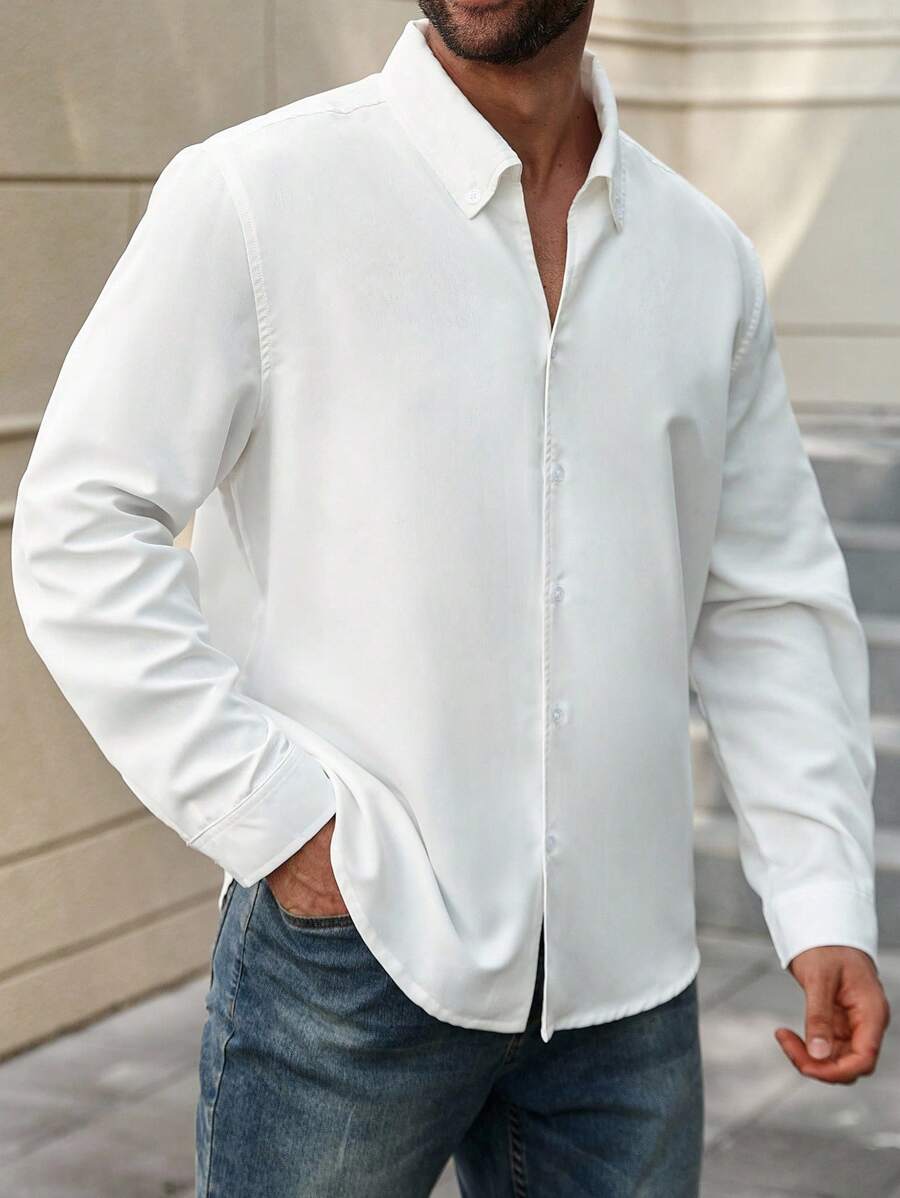 Manfinity Homme Camicia casual ampia e comoda da uomo, tinta unita, manica lunga, adatta all'autunno, taglie comode - Bianco - Visualizzare 1