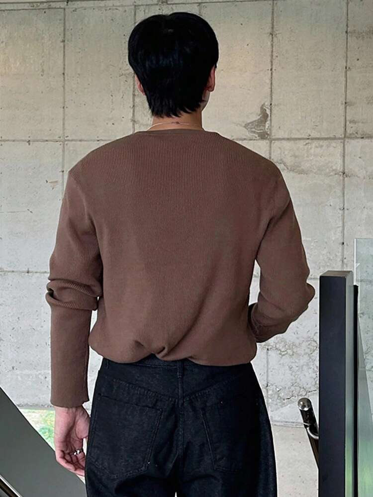 Men's Solid Brown Half-Zip Textured Knit Sweater, Autumn