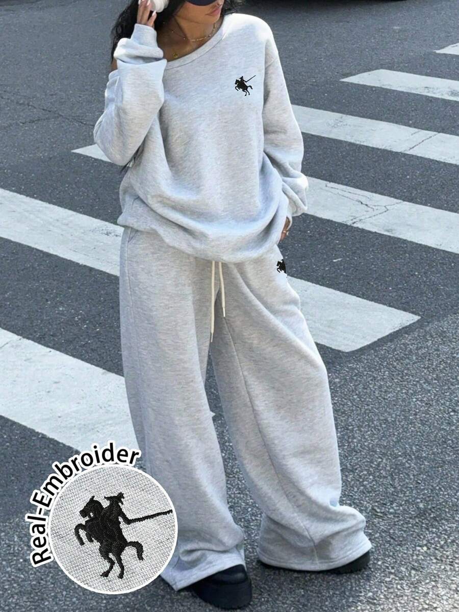 SHEIN EZwear Bộ 2 áo nỉ trễ vai rộng rãi và quần dài thể thao ống rộng cho nữ, lót nhiệt dày, thích hợp cho mùa thu/đông, mùa thu - Xám - Xem 1