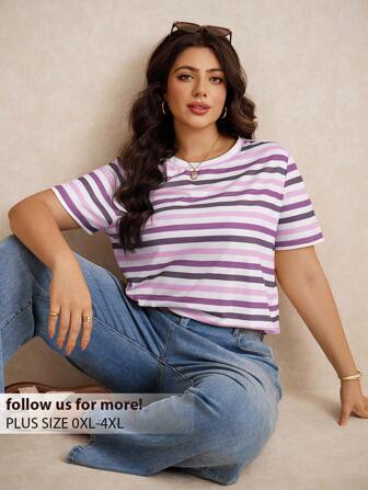 Elaquor Plus Size Vacation Color Block Striped Casual Summer Short T-Shirt