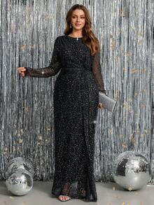 SHEIN Clasi Đầm lưới xếp nếp cổ tròn tay dài thanh lịch cỡ lớn cho nữ - màu đen - Xem 5