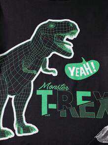 SHEIN 2 件青少年男孩短袖睡衣套装，轻盈酷炫恐龙印花，带有可爱恐龙和字母图案的衬衫，全身恐龙印花的裤子 - 黑色 - 查看 5