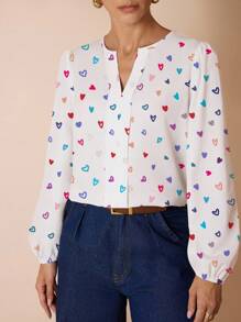 Glamance Maria Clara Maia Women's Casual Simple Long Sleeve Shirt, Elegant For Commuting, Suitable For Autumn/Winter Heart Blouse Long Sleeve Blouse Heart Shirt Women Heart Print Blouse Cute Heart Shirt Women Heart Top Long Sleeve Heart Blouse - Multicolor - View 3