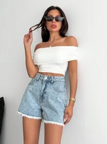 EURMUSE 高腰牛仔休闲短裤 蓝色 配宝石