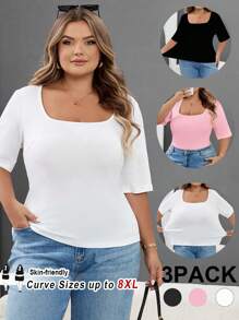 SHEIN CURVE+ 3 قطع/مجموعة تي شيرت نسائي بأكمام قصيرة وياقة مربعة ضيق بلون أحادي، مقاسات كبيرة، ملابس خريف وشتاء - متعدد الألوان - مشاهدة 6