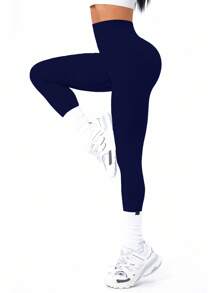 Easithlete Quần legging thể thao/yoga cạp cao liền mạch cho nữ màu trơn - Màu xanh hải quân - Xem 4