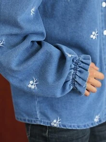 K-Vae 女士秋冬刺绣荷叶边牛仔衬衫，羊腿袖衬衫，乡村风格衬衫，万圣节服装，别致秋季 - 淺色水洗藍 - 查看 6