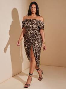 SHEIN BAE Váy xẻ tà họa tiết da báo satin trễ vai cỡ lớn dành cho nữ - màu nâu - Xem 5