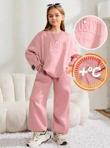 SHEIN Serisse Kids 青少年女孩宽松休闲字母压花贴片细节字母图案圆领套头衫运动衫和运动裤运动 2 件套服装 - 粉色 - 查看 10