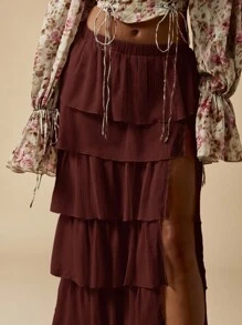 MISSGUIDED Chân váy dài Maxi voan xếp nếp nhiều tầng xẻ tà hai bên, thích hợp cho tiệc cưới bãi biển, tiệc tùng, tiệc mùa hè theo phong cách Bohemian - Màu nâu Sô-cô-la - Xem 4