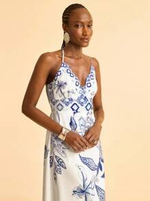 CAJUNI Women's Tropical Bohemian Style Blue Floral Print Wrap Halter Neck Backless Maxi Dress With Ruffle Bust Design