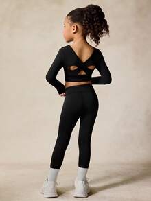 Sparklyn Young Girls Active Wear Set, High Stretch Long Sleeve, Criss-Cross Hollow Back Design Sportswear, Back To School, Casual Fall Winter