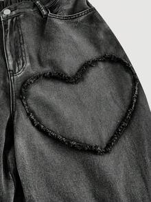 SHEIN MOD Plus Size Pink Heart Print Casual Straight Leg Cotton Jeans - Black - View 4