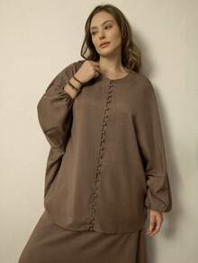 EMERY ROSE Plus Size Women's Fashionable Elegant Casual Batwing Sleeve Round Neck Loose Autumn Coffee 2-Piece Set Fall Cloth For Women - Mocha Brown - View 5