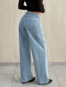 EURMUSE LOW WAIST SEAM DETAILED LOOSE STRAIGHT LEG JEAN - Light Wash - View 2