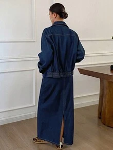 DAZY Women's Casual Hem Drawstring Loose Long Dress & Denim Suit - Blue - View 2