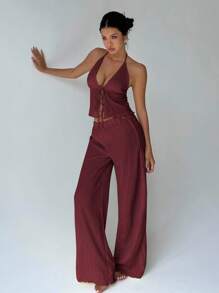FavEase Women Summer Pleated Halter Cami Top And Wide Leg Pants 2-Piece Set - Burgundy - View 3