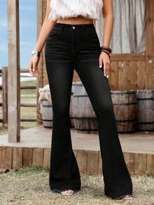 SHEIN Plus Size Women's Casual Normal Stretch Pocket Jeans Vacation Black Summer - Black - View 5
