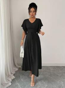 Elenzga Váy dài vừa phải dáng chữ A cổ chữ V thanh lịch, giản dị dành cho nữ, có nút cài, tay loe, thích hợp cho tiệc trà, kỳ nghỉ, đi làm, mùa xuân/hè - màu đen - Xem 4