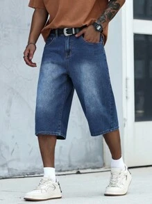 Manfinity Homme Quần short denim ống rộng Bermuda thoải mái cho nam có túi, quần baggy jorts cho nam, quần short denim ống rộng cho nam - Rửa tối - Xem 3