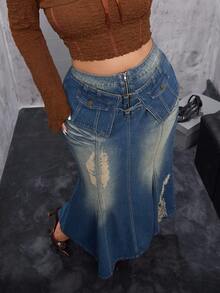 Rivivi Váy denim cổ điển màu xanh đậm phong cách nhóm nhạc nữ K-Pop cỡ lớn dành cho nữ, không co giãn - Rửa tối - Xem 6