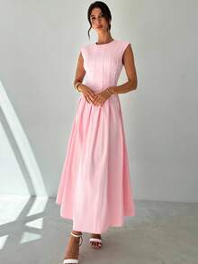 Firerie 女士优雅精致浪漫日常度假约会派对珍珠腰褶皱A字中长连衣裙，带短袖，粉色 - 粉色 - 查看 3