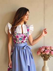 Fairmaia Romantic Floral Textured Vintage Style Women's German Dirndl Dresses, Summer