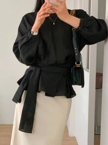 DAZY 女式系腰宽松套头长袖衬衫秋季上衣 - 黑色 - 查看 2