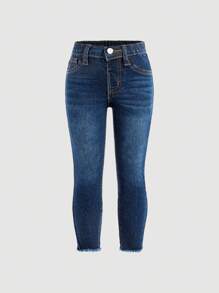 SHEIN 年轻女孩休闲磨边口袋水洗牛仔裤