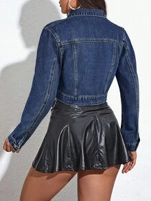 EMERY ROSE Women's Fashion Button-Up Short Denim Jacket - Dark Wash - View 2