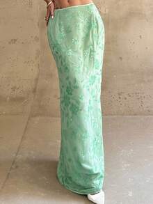 Firerie 优雅亮片刺绣美人鱼裙，亮片装饰女士 A 字裙，简约时尚，适合休闲日和派对舞会，奢华女士婚礼季节，优雅亮片刺绣修身低腰长款薄荷绿裙子，低腰亮片长裙 - 薄荷色蜜月女士婚礼宾客海岛度假造型毕业 - 綠色 - 查看 3