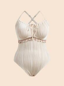 Elaquor 加大码纯色纹理面料扭纹交叉肩带连体泳衣